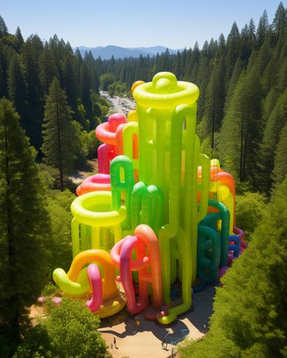 aerial view enormous neon colors inflatable balloon sculptures by Hiromu Arakawa at sequoia park --ar 4:5 --stylize 150 --v 5.2