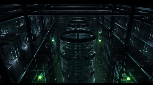 aerial view inside very vast data warehouse full of very many bitmain fans servers with very large fans faint fluorescent ominous dark glow eerie scene top down wide angle scene --niji --s 0 --ar 16:9