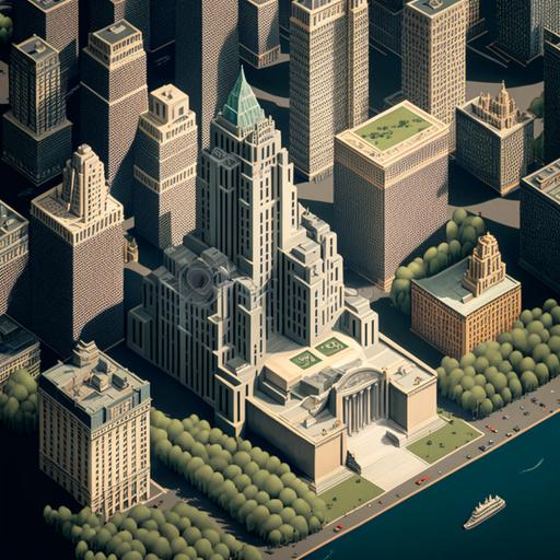 aerial view of 1930's New York City Manhattan, skyscrapers, isometric, fullscreen, hi res pixel art, city background, central park, hidden details, hyperdetailed --v 4 --q 2