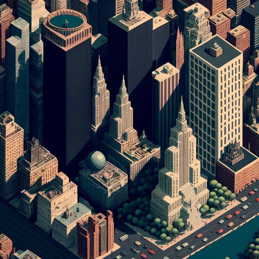 aerial view of 1930's New York City Manhattan, skyscrapers, isometric, fullscreen, hi res pixel art, city background, central park, hidden details, hyperdetailed --v 4 --q 2