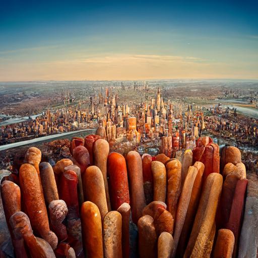 aerial view of New York City, during a clear day, all the buildings are shaped like hotdogs, photo realistic