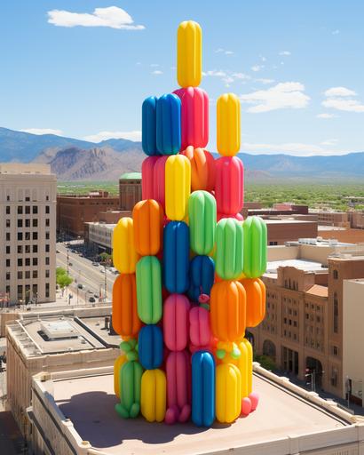 aerial view of giant inflatable neon colors cactus balloons covering tucson city, minimalist --chaos 30 --ar 4:5 --stylize 150 --v 5.2