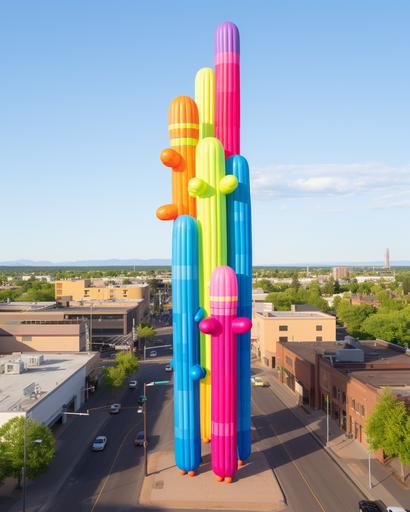 aerial view of giant inflatable neon colors cactus balloons covering tucson city, minimalist --chaos 30 --ar 4:5 --stylize 150 --v 5.2