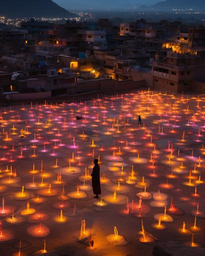 aerial view of huge colorful diwali festival of light sandpainting in jaipur, india by Alex Strohl, minimal male figures --ar 4:5 --stylize 150 --v 5.2