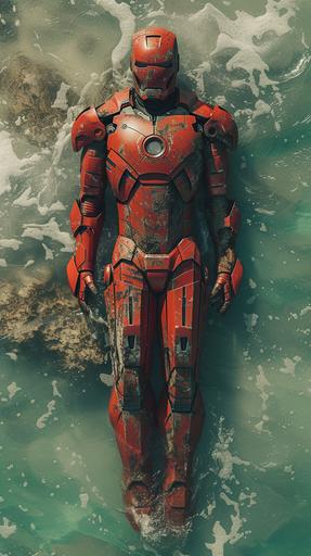 aerial view shot, Vintage, hyperealistic, iron man tulipician red armor by stan lee --ar 9:16 --c 0 --s 250 --v 6.0