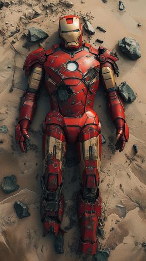 aerial view shot, Vintage, hyperealistic, iron man tulipician red armor by stan lee --ar 9:16 --c 0 --s 250 --v 6.0