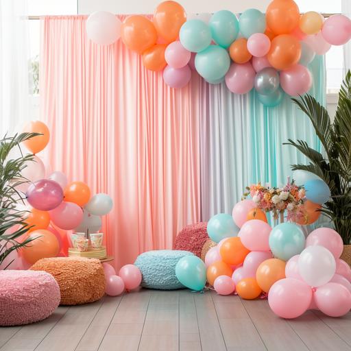 aesthetic boho birthday party background with party decors, rainbow,balloons,confetti 5k image