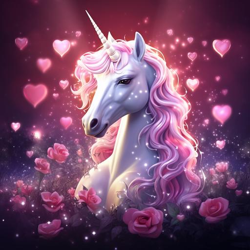 aesthetic romantic unicorn under stars, glitter and hearts, cartoon style, photorealistic, ultra detailed