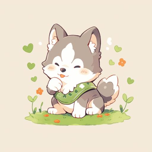 [af8f39a8f] Cute Husky puppy on green grass, simple graphic features, stout cute limbs, high saturation color, Korean illustrations, bold line style, mixed pattern --niji 5 --ar 1:1 --c 0 --s 250