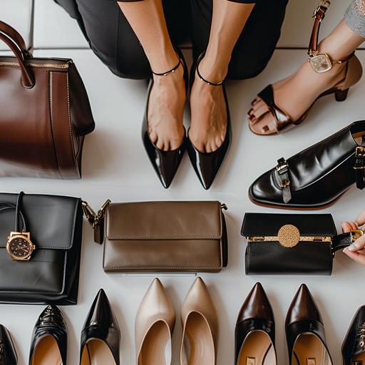 affiliate marketing company featuring women selling items like shoes, handbags, watches in a professional or business setting