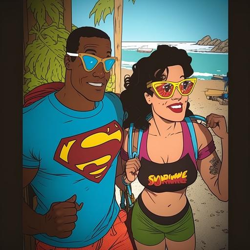 , african-american Superman and Austrailian Wonder Woman on Vacation, Comic cartoon style, ar 3:2, dpi 350, c 22, s 333, v 4, q2