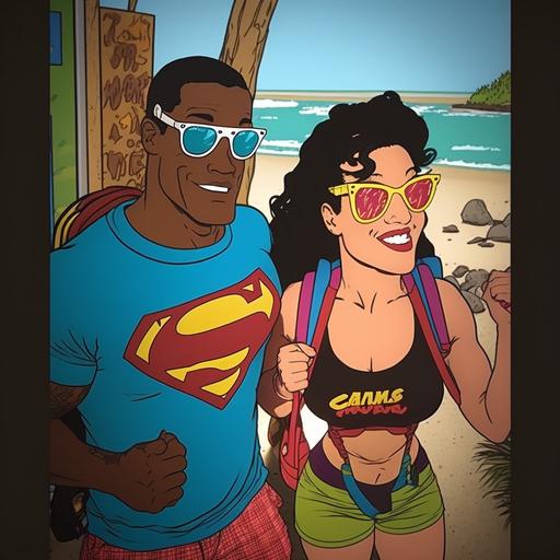 , african-american Superman and Austrailian Wonder Woman on Vacation, Comic cartoon style, ar 3:2, dpi 350, c 22, s 333, v 4, q2