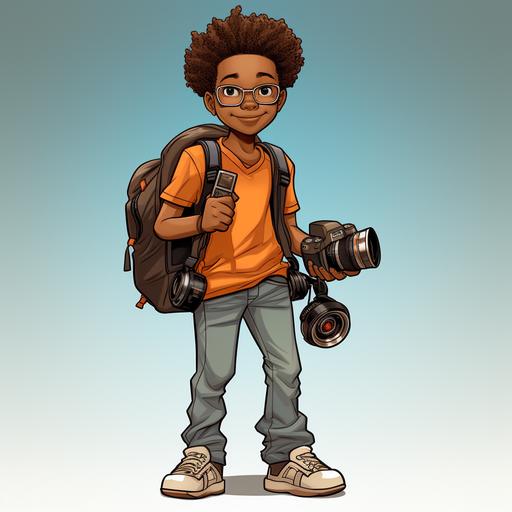 african american boy, dred locs, glasses, brown skin, multiple poses and expressions, children book illustration style, charles schultz, simple handsome, 14 years old fill color, orange shoes, blue jeans, is holding a Canon DSLR photography camera, wearing a back pack, flat color--no outline