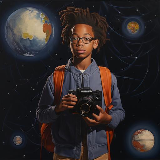 african american boy dred locs, teenager, holding a moon and has a camera over his shoulder, blue jeans, orange tennis shoes, bowtie, glasses,