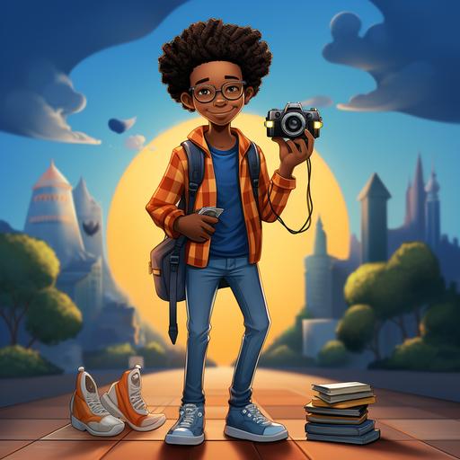 african american boy dred locs, teenager, holding a moon and has a camera over his shoulder, blue jeans, orange tennis shoes, bowtie, glasses, charles schultz style various poses, childrens animated tv character