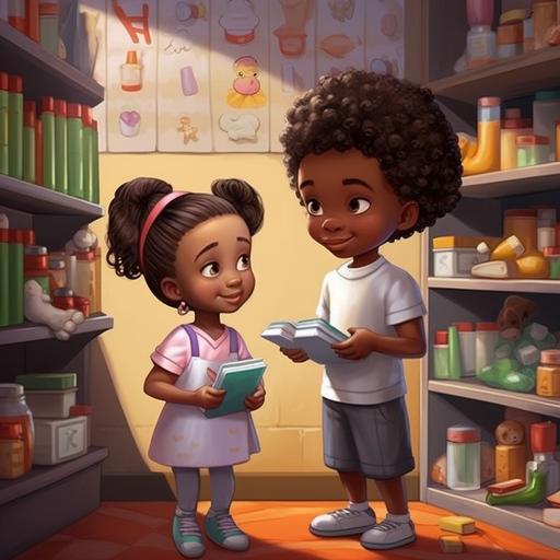 african american children learning about medicines, cartoon, hd, ultra realistic