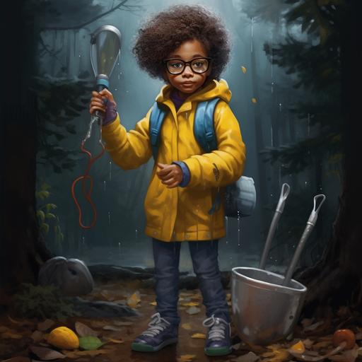 african american girl with glasses, picking up worms on a rainy day, yellow rain jacket, blue jeans, brown shoes,
