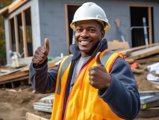 african american in focus whith the thumbs up sign, behind him is a house under construction, happy mood --ar 4:3