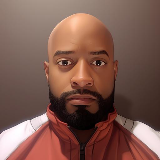 african american man, 45, bald, in a astronaut suit, brown skin, middle length beard, brown eyes, thin eyebrows, cartoon style --v 5.2