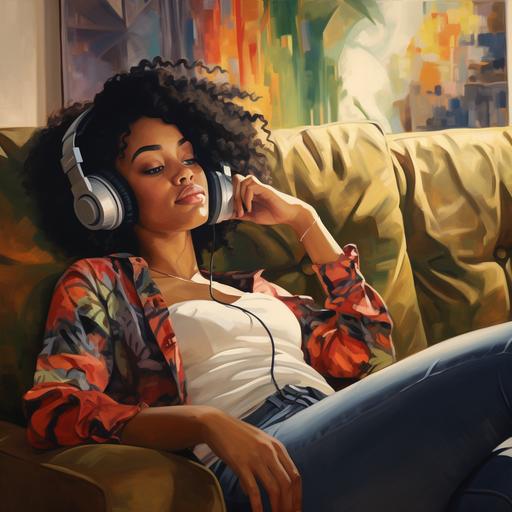 african american millenial woman relaxing on her couch in her living room listening to music on her Beats headphones