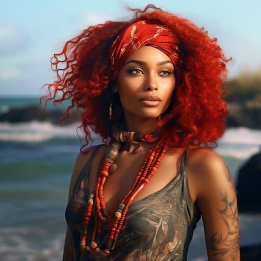 african-american redhead wearing thalassocore fashion with a fasce