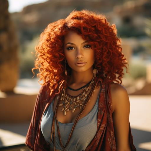 african-american redhead wearing thalassocore fashion with a fasce