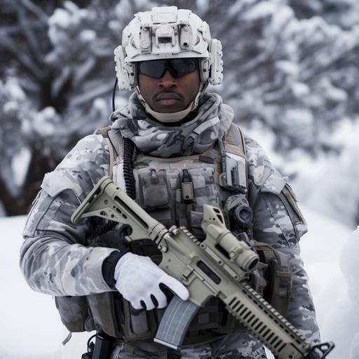 african american, united states army, body armor, high quality, winter camo uniform, army backpack, assault rifle