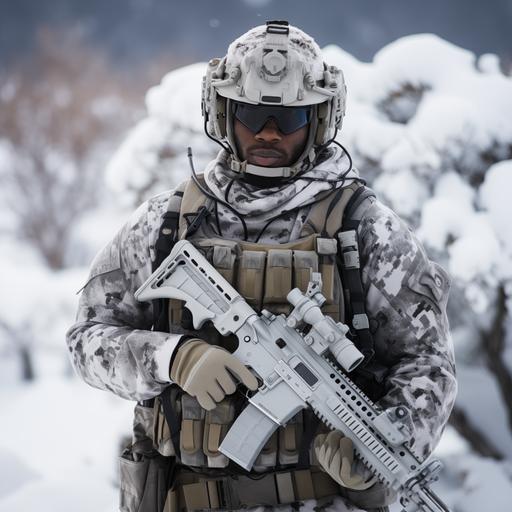 african american, united states army, body armor, high quality, winter camo uniform, army backpack, assault rifle