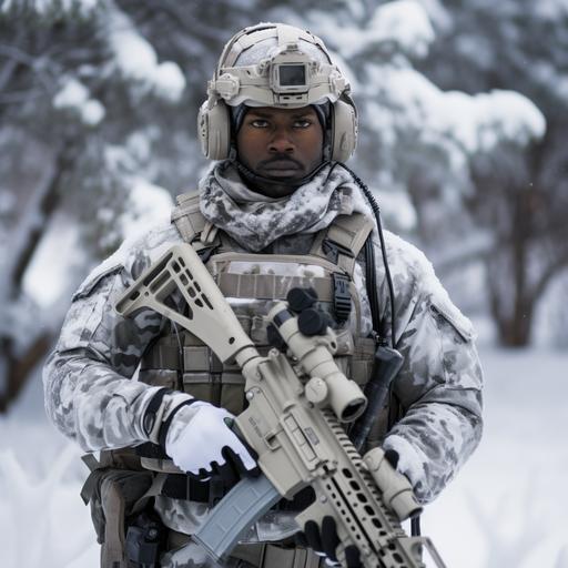 african american, united states army, body armor, high quality, winter camo uniform, army backpack, assault rifle