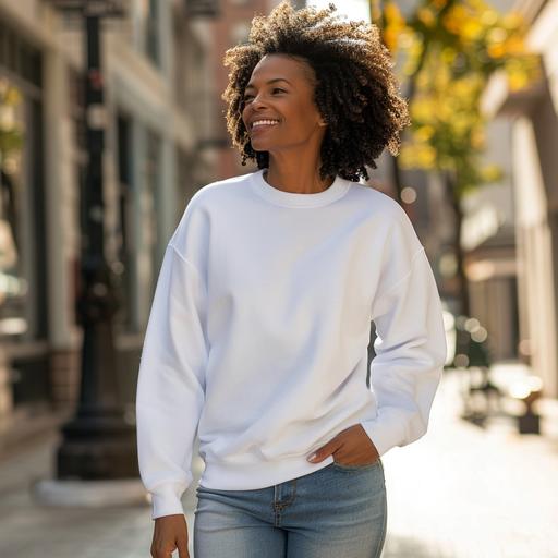 african american woman wearing a plain white gildan sweatshirt mockup, walking in the street, smiling, facing the camera, with hands in her pockets