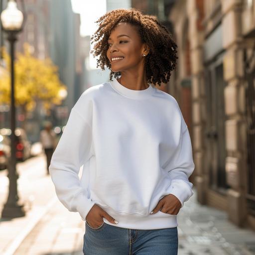 african american woman wearing a plain white gildan sweatshirt mockup, walking in the street, smiling, facing the camera, with hands in her pockets