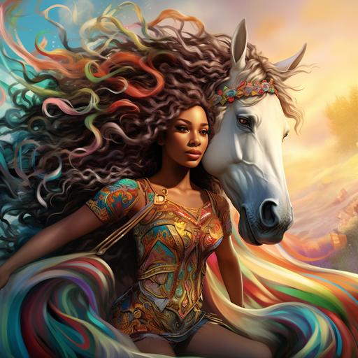 african american woman with long curly hair riding a unicorn. the unicorn has a white body, unicorn's mane and tail are a striking ainbow color. focus on the horse with detail of the horse.