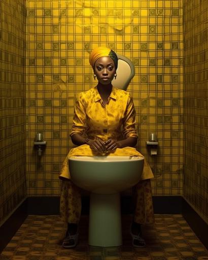 african divine woman sitting in a yellow tile bathroom, in the style of olivier valsecchi, elegant clothing, printed matter, photographically detailed portraitures, captivating gaze, richly colored, neo-traditionalist --ar 4:5 --s 750 --seed 2023 --v 5.1