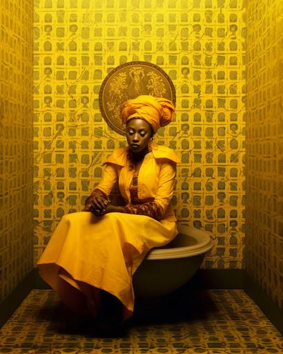 african divine woman sitting in a yellow tile bathroom, in the style of olivier valsecchi, elegant clothing, printed matter, photographically detailed portraitures, captivating gaze, richly colored, neo-traditionalist --ar 4:5 --s 750 --seed 2023 --v 5.1