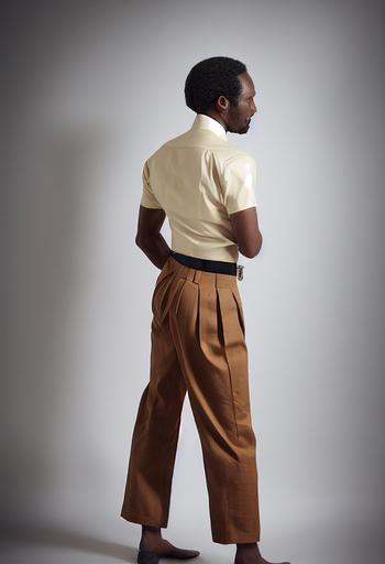 african man in pleated wifebeater shirt wearing tan pleated slacks, skinny fit slacks, form fitting, a lot of pleats, zouave, tight around the calves and anckles, gathered at bottom, pants tight at the knee, pants tight at the calf, layers, regal, black dress shoes, ninja, realistic slack material, military, symetrical face, athletic , photorealistic, very realistic, regal, cinematic lighting, Very detailed, volumetric lighting, zeiss batis [18mm, iso2000, f2.8]: sharp focus, 8k, beautiful lighting, perfect shading --ar 2:3 --testp