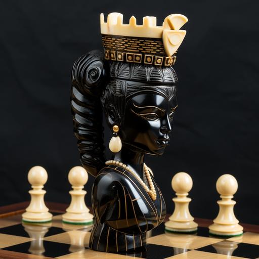 african queen with african inspired crown as a queen chess piecs, beautiful, black onyx with gold trimming, on black granite and ivory chess board --s 50 --v 5.2 --style raw