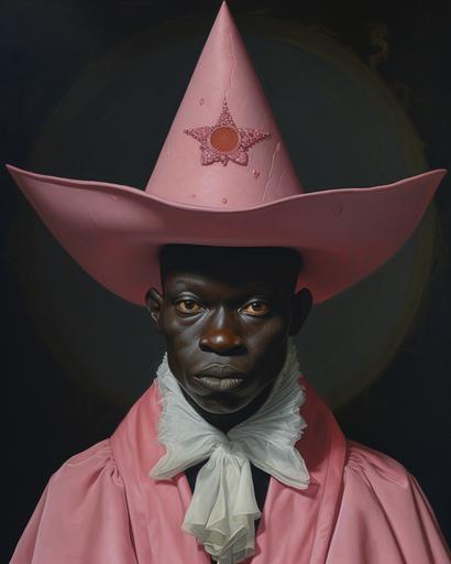 african vampire with white pupils and a pink hat, renaissance painting --ar 4:5 --v 5.2