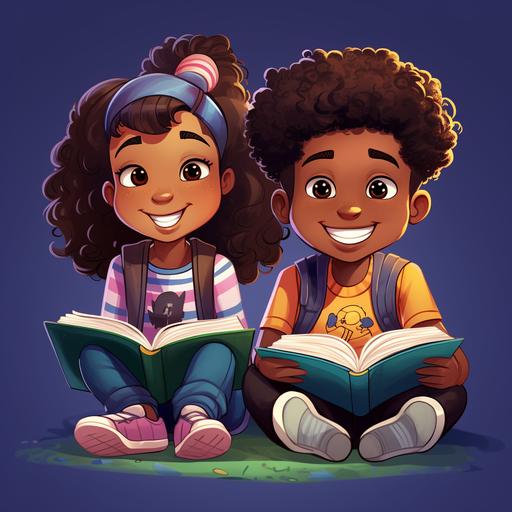 afro american boy and girl sitting down reading book, cartoon style, happy face