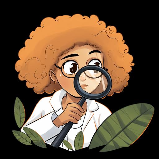 afro american girl, cartoon style, science girl, without background, magnifying glass on one of the eyes