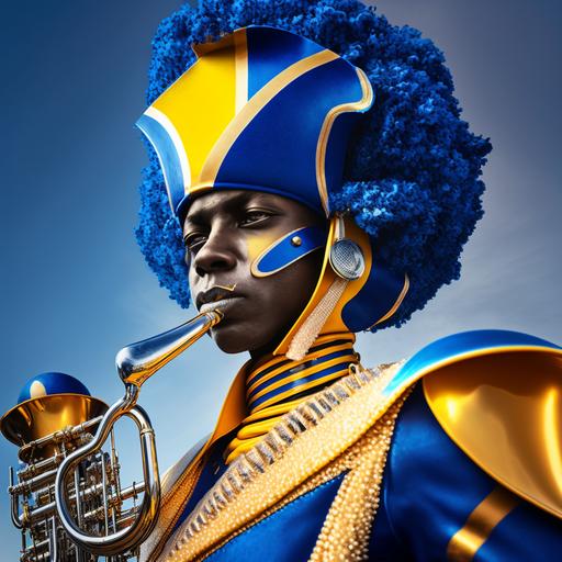 afro-futurist, Fort Valley State University marching band, bass drummer, tuba player, clarinet, HBCU, blue and yellow uniforms, 4k, photo realisitc, on the field, cinema 4d