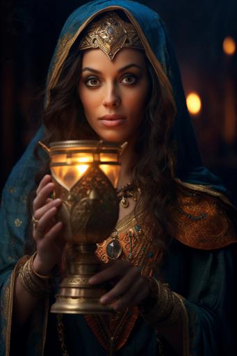 age of 40 persian queen Esther holding a medieval lantern in front of her face, cinematic photo, ultra realistic, high detailed --no six fingers --ar 2:3