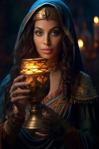 age of 40 persian queen Esther holding a medieval lantern in front of her face, cinematic photo, ultra realistic, high detailed --no six fingers --ar 2:3