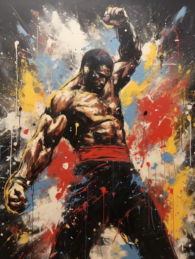 A painting of Teofilo Stevenson boxing in the style of Jackson Pollock using red, black, blue and gold paint --ar 3:4