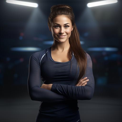A photo-realistic smiling beautiful female gymnast with arms folded, she's wearing navy sports clothing with her long brown hair in a ponytail with chromatic aberration. Sharp focus, elegance, render, octane, detail, award-winning photography, masterpiece.
