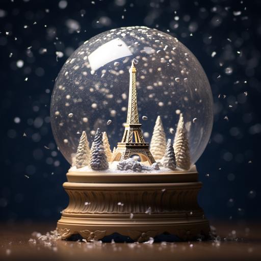 hyper realistic round large snow globe. smooth plain wood base. navy background. full of massive amount snow snowflakes. white diffused light. miniscule Eiffel Tower covered in snow on piles of snow. 3 trees inside globe