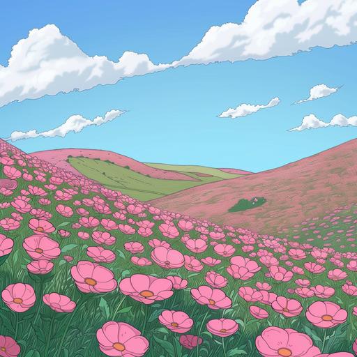 A cartoon drawing of a large field of cartoon flowers on rolling hills, mostly shades of pastel pinks, with blue sky and white clouds showing, and one small cartoon kawaii style frog barely visible hiding in the flowers in the background. --v 6.0
