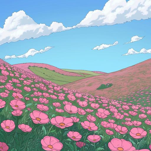 A cartoon drawing of a large field of cartoon flowers on rolling hills, mostly shades of pastel pinks, with blue sky and white clouds showing, and one small cartoon kawaii style frog barely visible hiding in the flowers in the background.