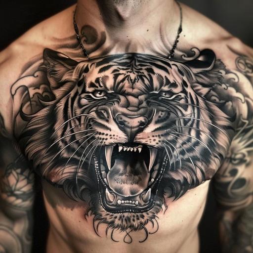 aggressive ligers head with sharp fangs roaring, realistic chest tattoo, place in the middle of the chest