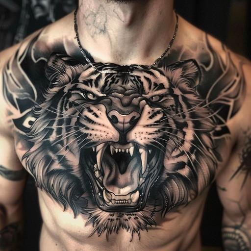 aggressive ligers head with sharp fangs roaring, realistic chest tattoo, place in the middle of the chest
