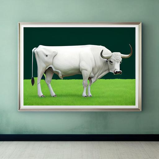 aggressive muscular indian white color ox full body acrylic painting frame, ox standing horizontally, straight neck, looking staright, standing on green grass --seed 15000